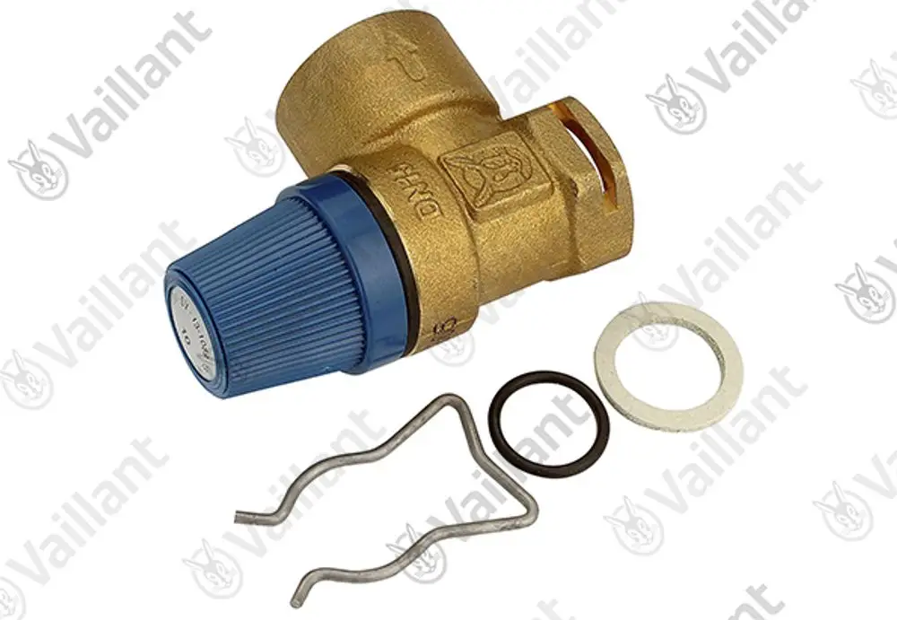 Vaillant Sicherheitsventil in metallischer Ausführung, mit blauem Drehknopf, O-Ringen und Befestigungselementen.